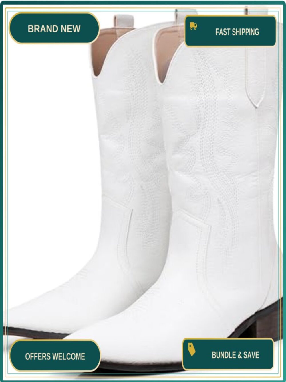 Women's Cowboy Boots - Embroidery Mid Calf Pointed Toe Chunky Heel Side Zip PU